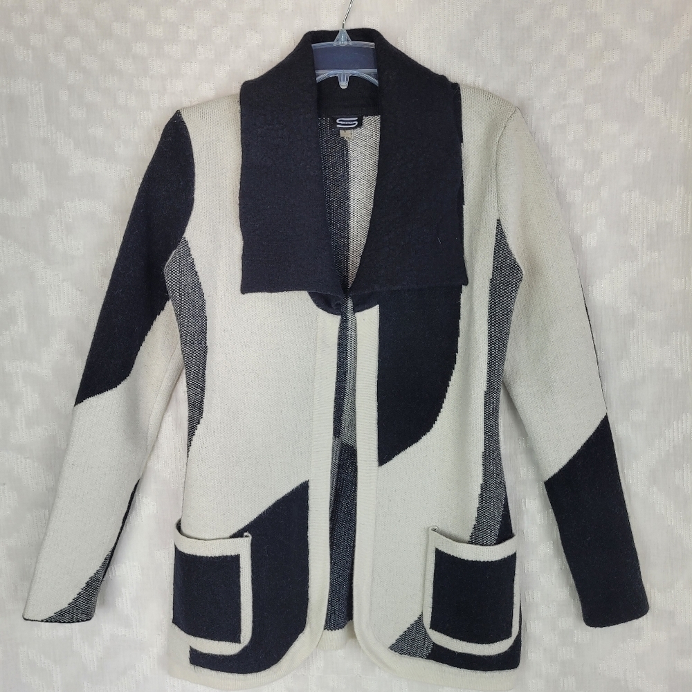 Sioni black and white sweater cardigan blazer cozy artsy contemporary funky S - Picture 2 of 11